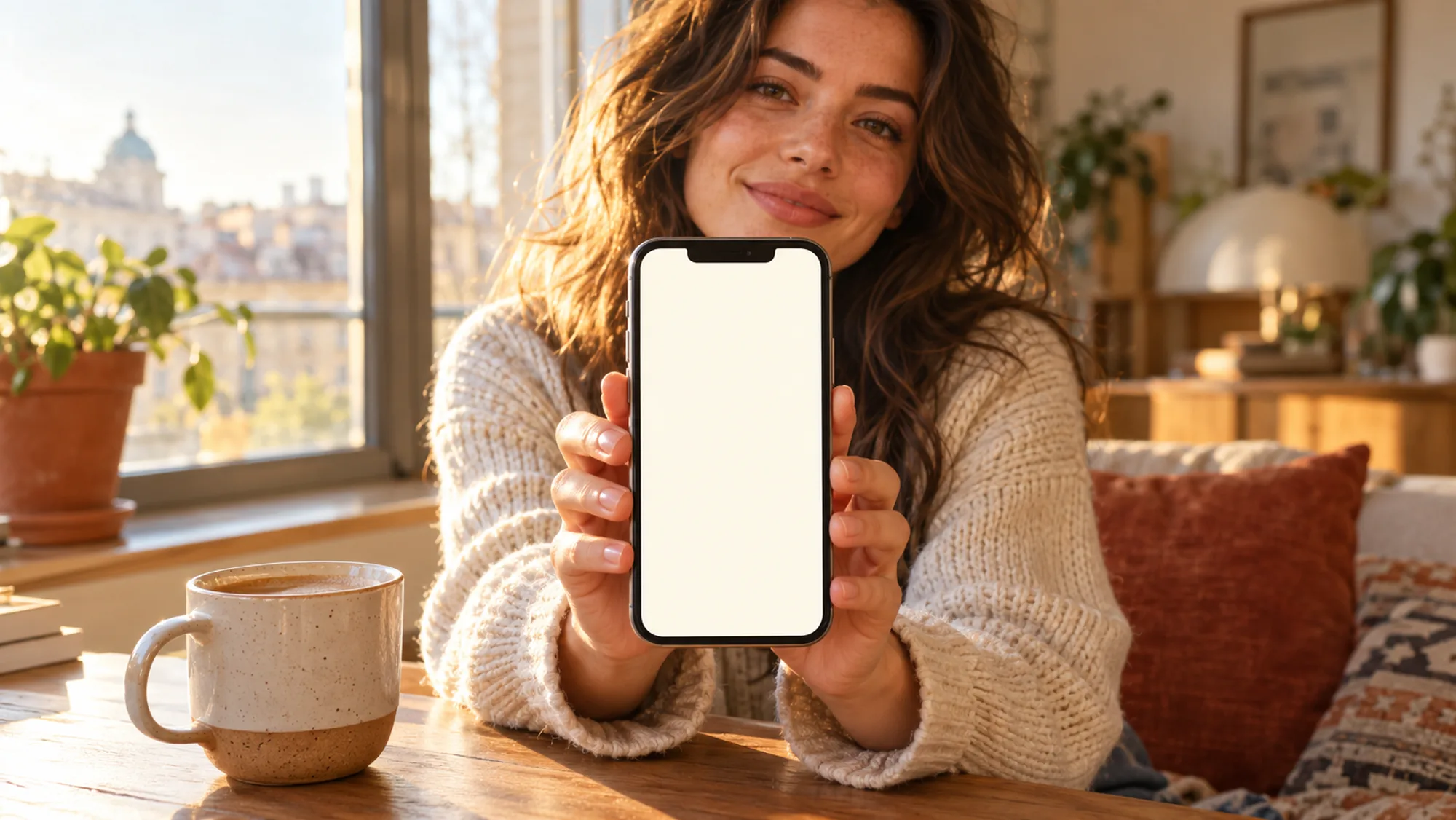 Junge Frau hält am Küchenfenster ihr Handy mit Kostbar