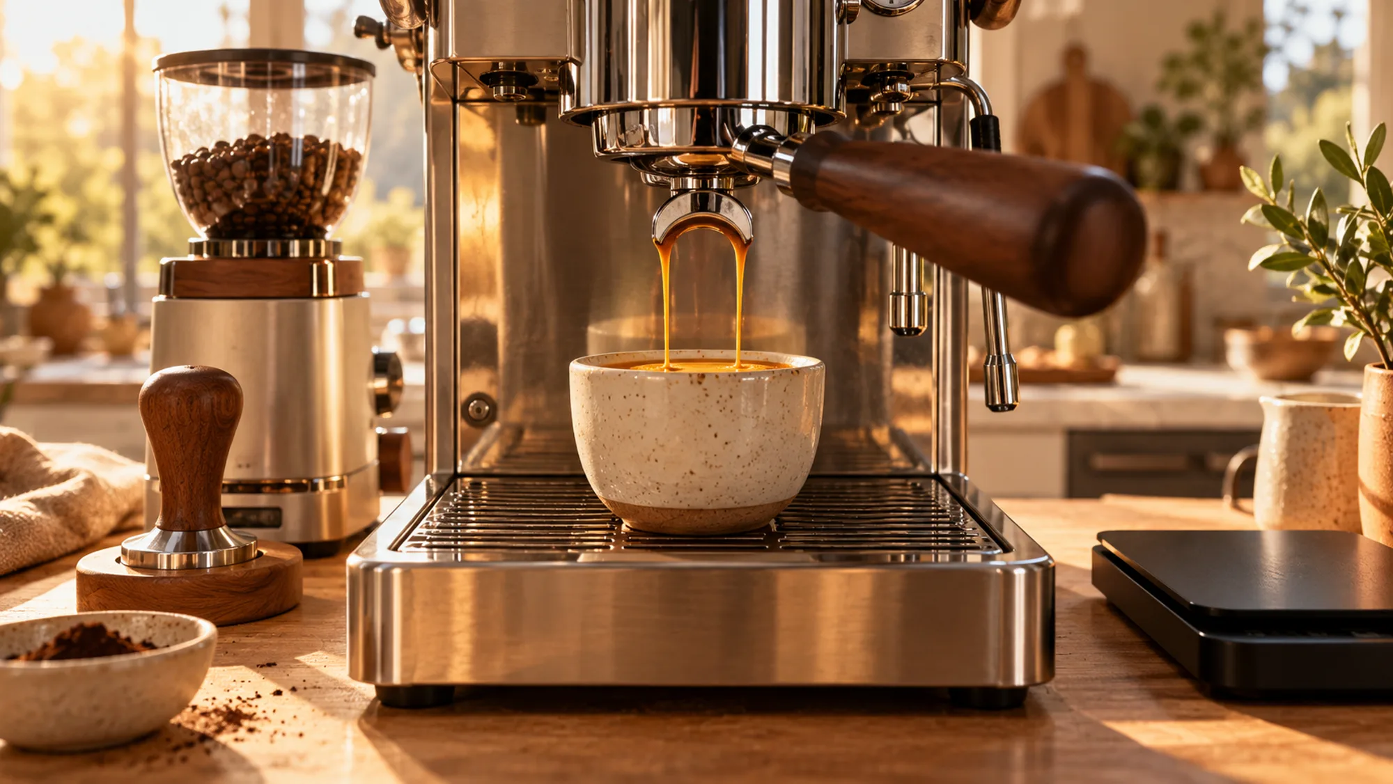 Espresso läuft aus dem Siebträger, daneben Mühle und Waage