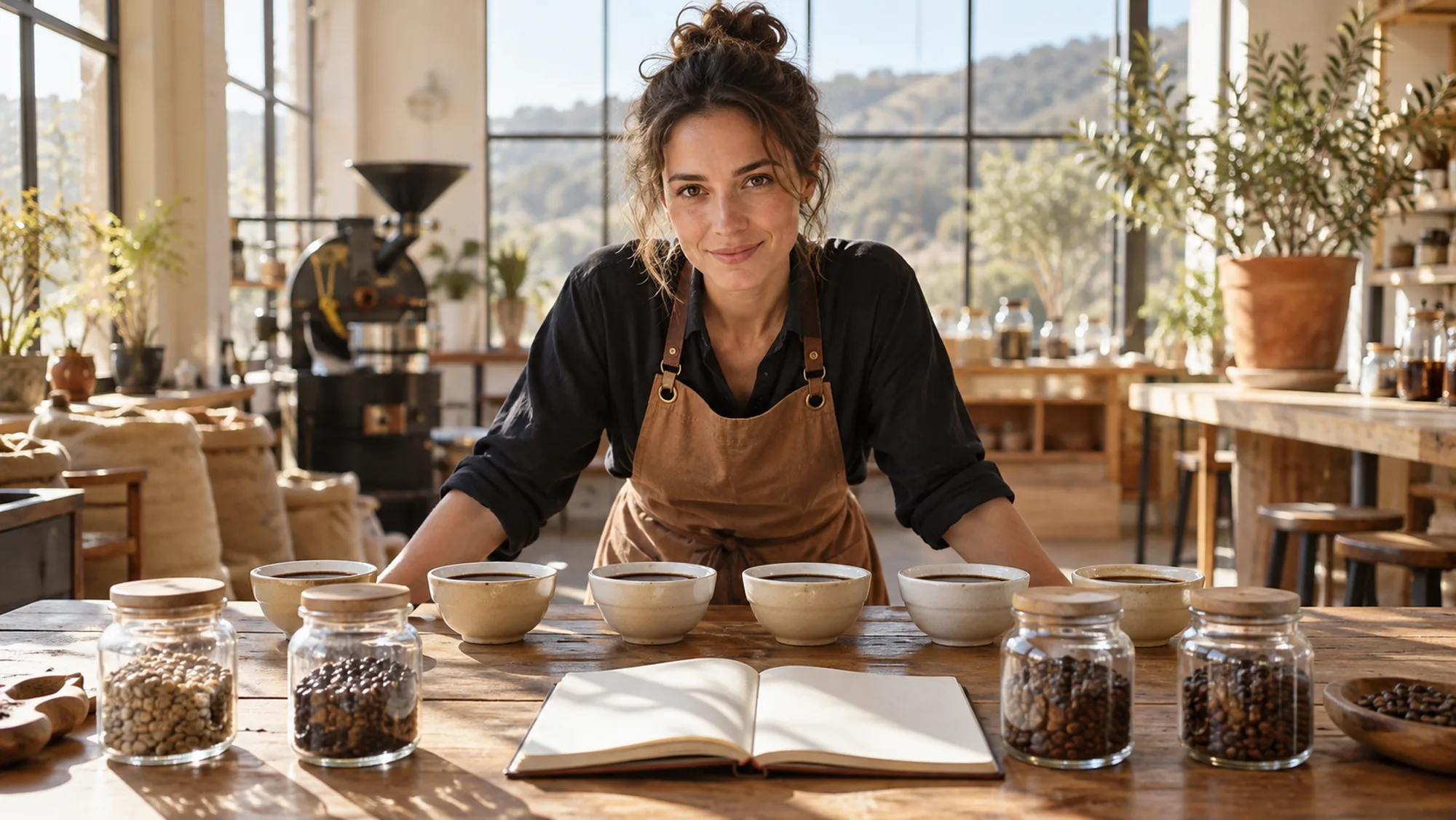 Kaffee-Sommelière an einer Tasting-Bar mit Cupping-Schalen