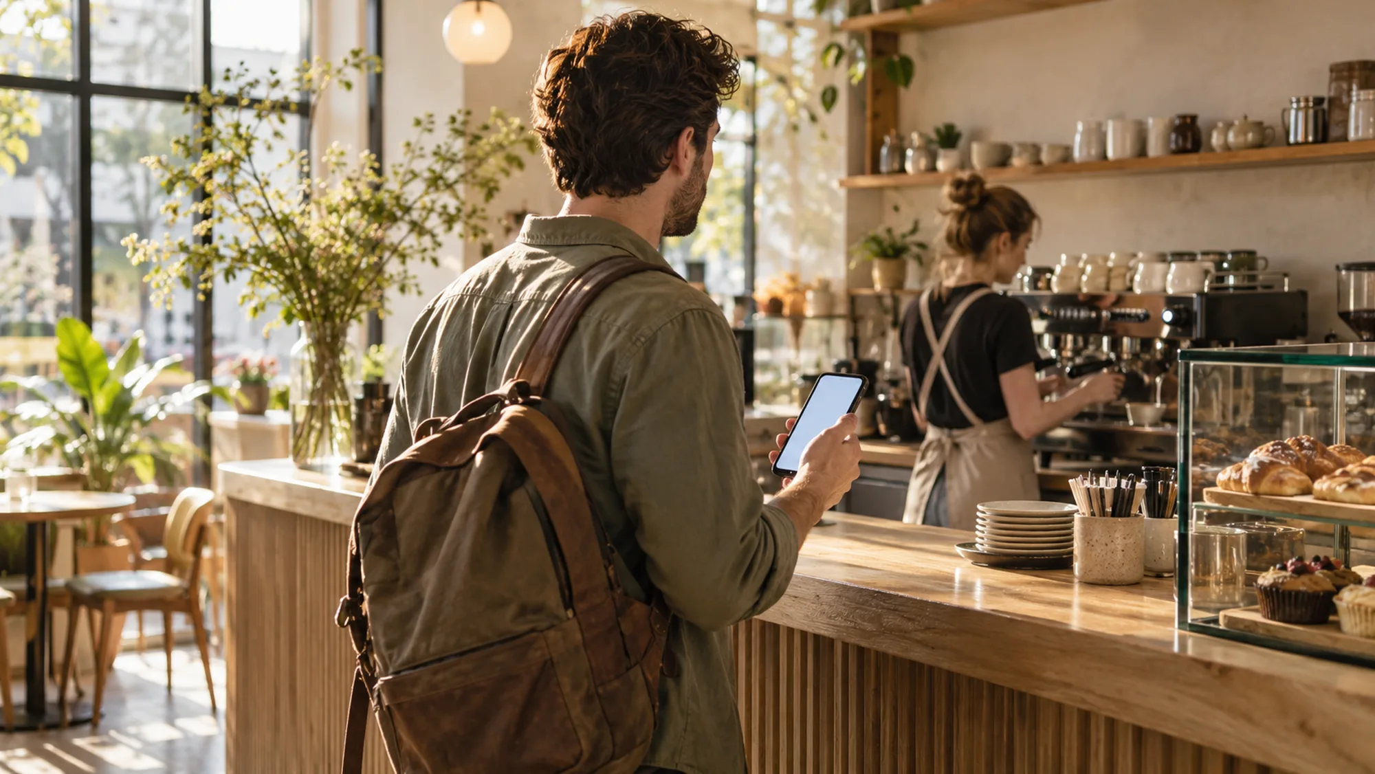 Mann bestellt im Café an der Theke, Handy in der Hand